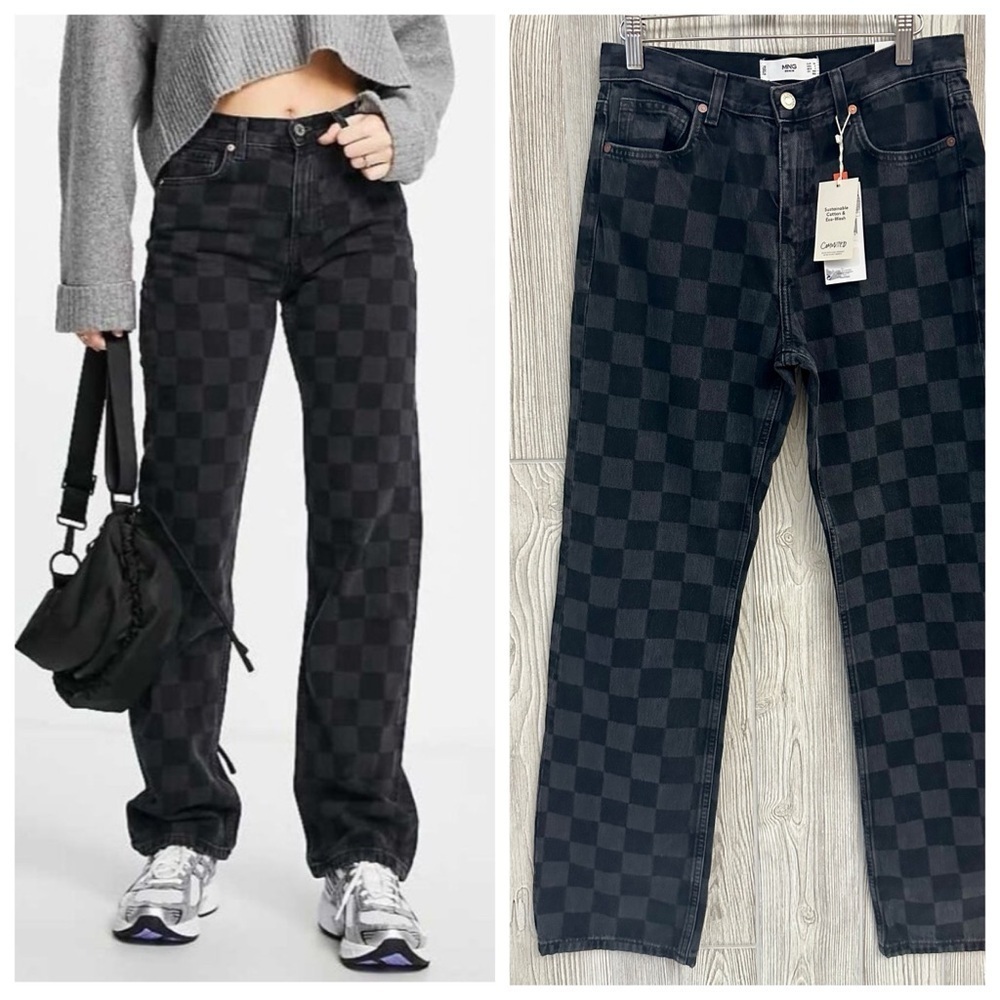 NEW! MNG CHECKERED Jeans Size 6 NWT Womens Black